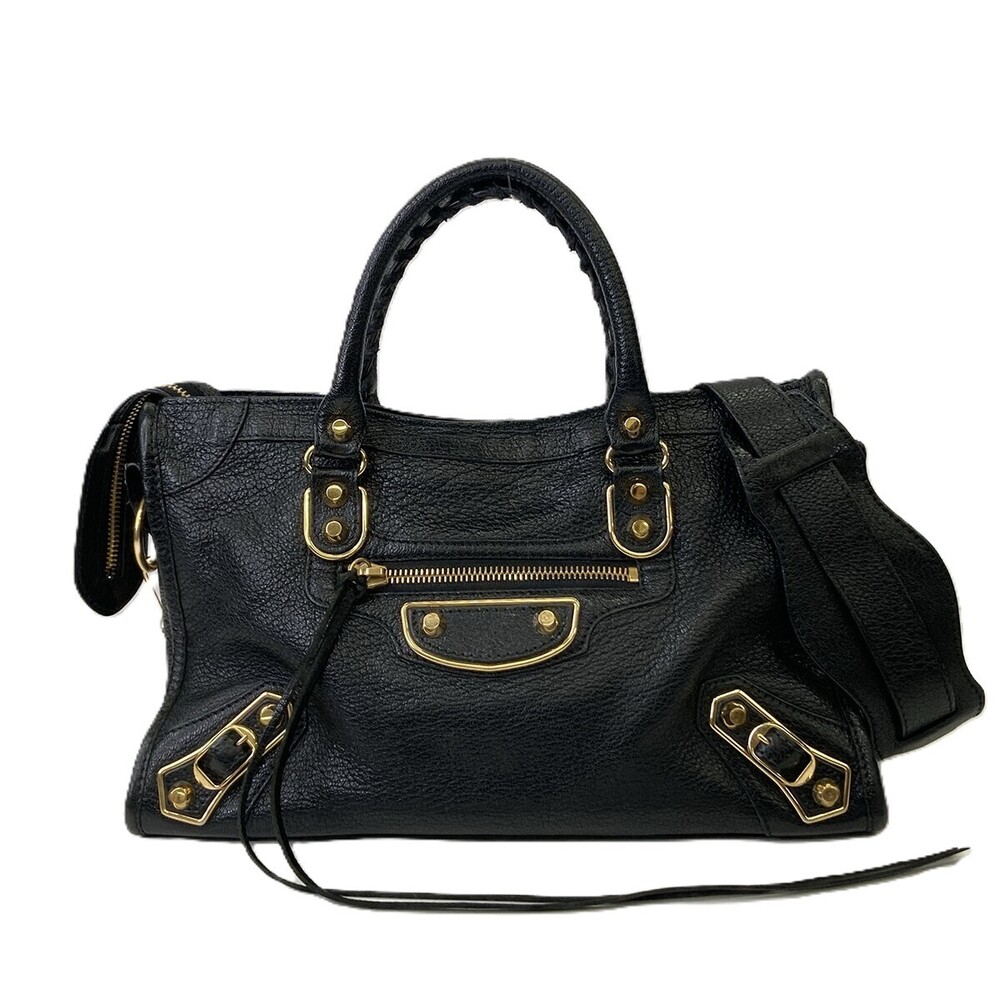 BALENCIAGA Metallic City Shoulder Bag Leather Black